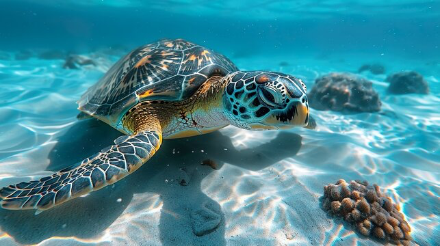 A turtle swimming underwater