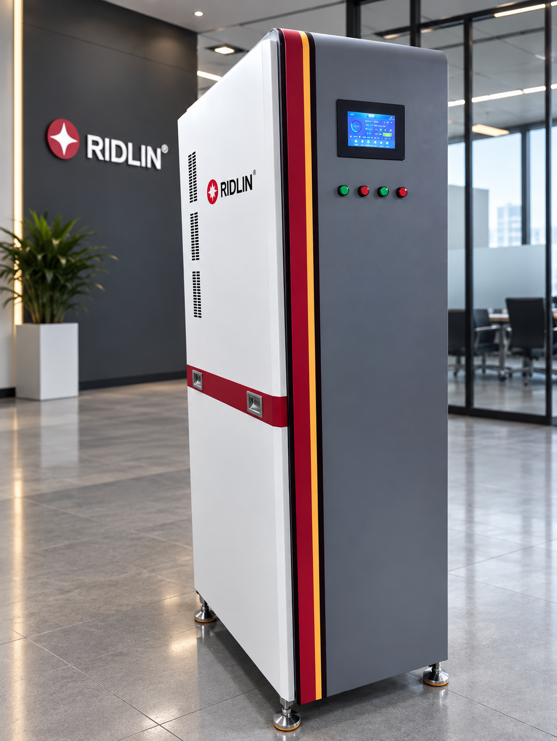 The Ridlin 5.12 kWh 48V-class energy storage battery installed in an office lobby.